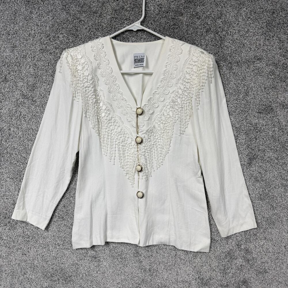 Vintage 80s R&M Richards Blouse Womens 6P Petite White Fringe Embroidered Party